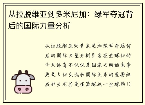 从拉脱维亚到多米尼加：绿军夺冠背后的国际力量分析