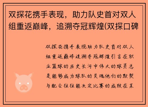 双探花携手表现，助力队史首对双人组重返巅峰，追溯夺冠辉煌(双探口碑炸裂)
