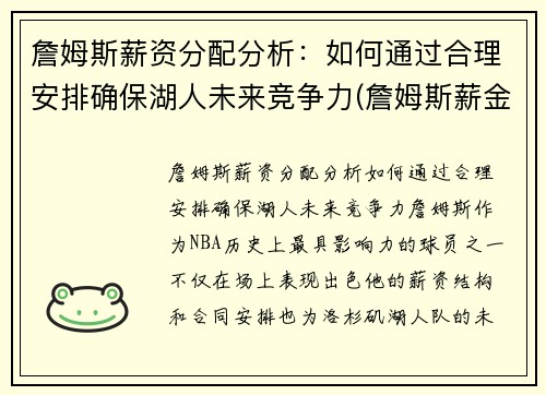 詹姆斯薪资分配分析：如何通过合理安排确保湖人未来竞争力(詹姆斯薪金分配情况)