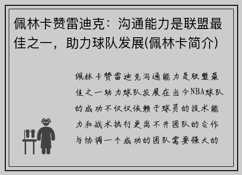 佩林卡赞雷迪克：沟通能力是联盟最佳之一，助力球队发展(佩林卡简介)