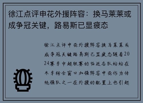 徐江点评申花外援阵容：换马莱莱或成争冠关键，路易斯已显疲态