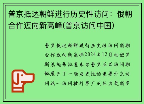 普京抵达朝鲜进行历史性访问：俄朝合作迈向新高峰(普京访问中国)