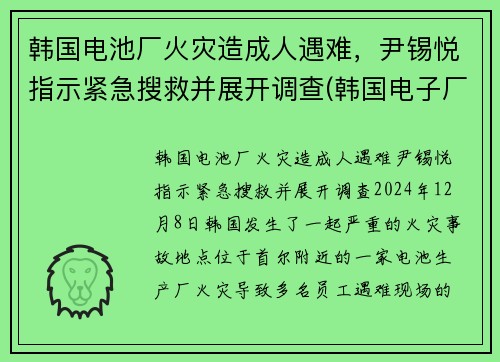 韩国电池厂火灾造成人遇难，尹锡悦指示紧急搜救并展开调查(韩国电子厂火灾)